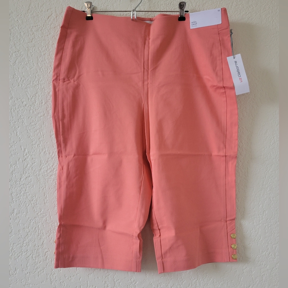 Liz Claiborne Coral Cropped Capri Pants with Gold Side Buttons size 18